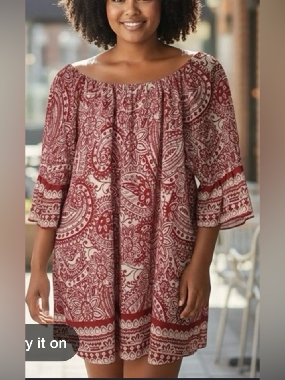 NTM: Umgee Red White Paisley Boho Shift Dress Bell Sleeve Knee Length Medium - Picture 15 of 15